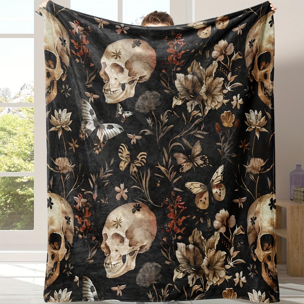 Skull Floral Flannel Warm Blanket, All-Season Portable Nap Blanket for Office, Sofa, Bed, and Airplane/Car Use