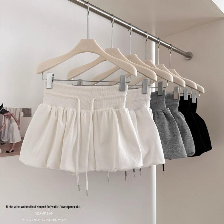 White Flower Bud A-line Skirt Pants for Women - Casual, Versatile, Elastic Mid-Waist, Puffy and Short for Summer