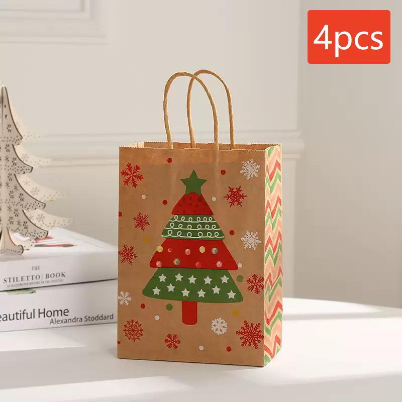 4-Pack Small Christmas Gift Bags, Red Christmas Tree, Santa Hat, Portable Kraft Paper Bags, Party Bakery Store Gift Packaging