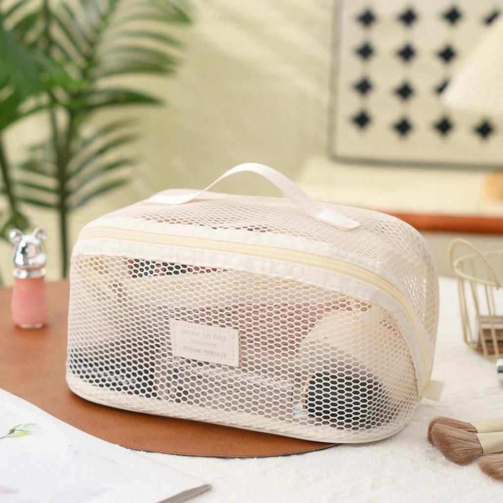 Simple mesh makeup and wash bag, large capacity portable travel storage bag, mesh breathable makeup storage bag