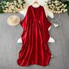 Vestido Feminino Longo de Cetim com Estampa Étnica Retrô, Decote V, Manga Sino, Corte Solto que Disfarça a Barriga, Emagrecimento, Temporada de Outono