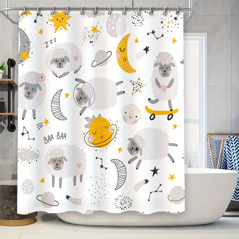 

Adorable Sheep Space Print Shower Curtain For Bathroom Decor White With Gray Lambs, Perfect Gift Idea For Kids Room Or Nursery W60H190(CM)-1 Pcs