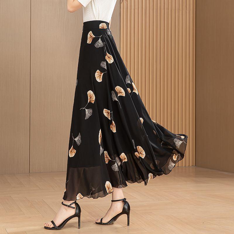 New Summer Retro Ethnic Style Ink-print Chiffon Skirt Women's Long Skirt High Waist A-line Skirt