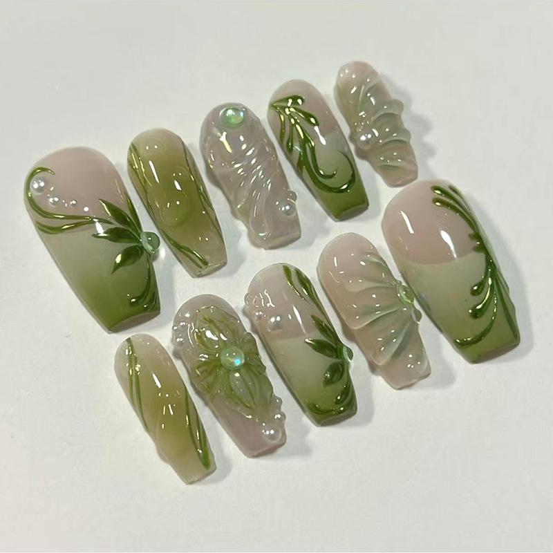 Green Cool Three-dimensional Vine Gradual Change French Pearl Gentle Temperament Fashion Ins Wind Removable Nail Art Piece 24