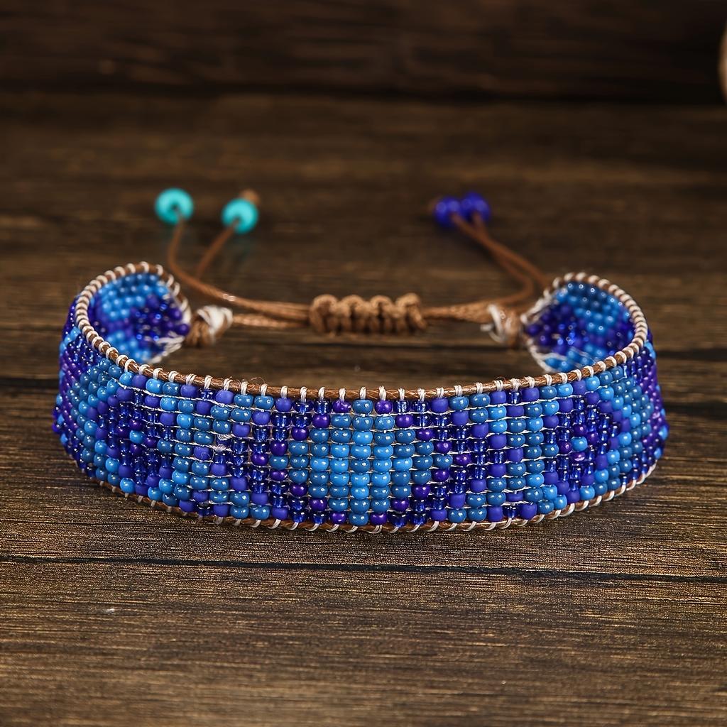 Vintage Bohemian Style Geometric Pattern Glass Seed Bead Handmade Woven Beaded Bracelet, Fashion Beaded Bracelet for Women