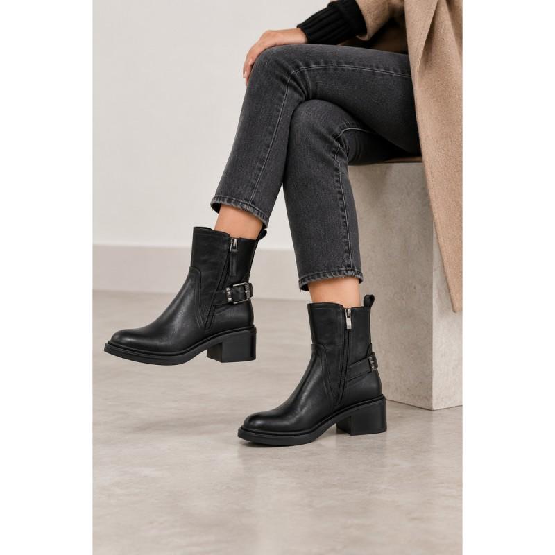 Botín Negro Tacón Medio Hebilla Lateral Montevita 105417