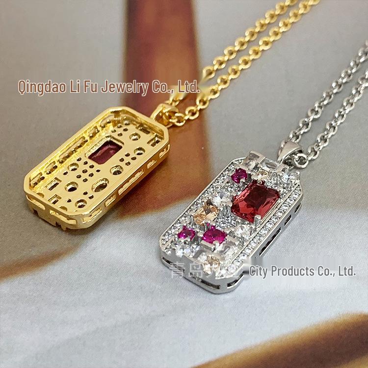 European American Classic Rectangle Dog Tag Necklace with Micro-Inlaid Zircon Colored Diamonds, Copper-Plated In Real Gold, INS Style for Women