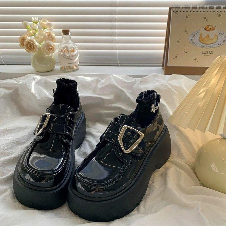 Muffin platform small leather shoes women's shoes new 2025 autumn black thick heel retro British style loafers jk single shoes