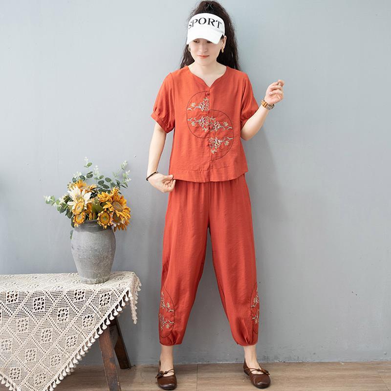 

Летний повседневный костюм из хлопка и льна для мамы, свободные укороченные брюки, рубашка с короткими рукавами, утягивающие брюки, комплект из двух предметов XL оранжевый