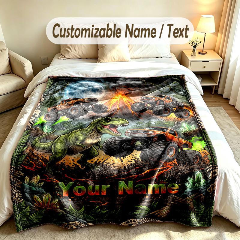 Monster Truck Theme Custom Blanket Personalized Name & Text Customized Soft Warm Throw Blanket Home Decor