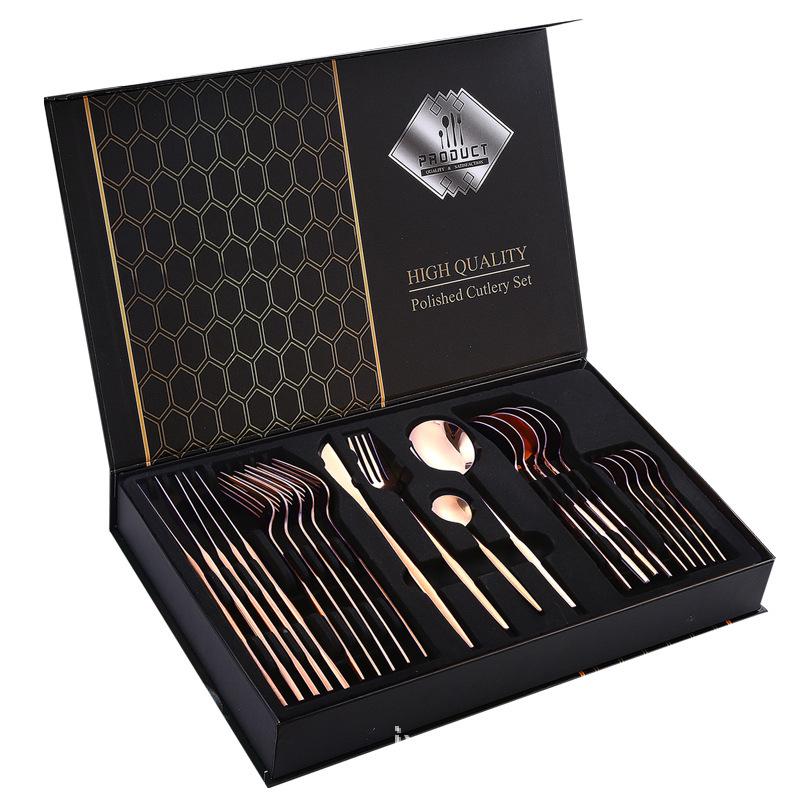 Set di posate da 24 pezzi in acciaio inossidabile con scatola regalo nera per ristoranti portoghesi - Include forchette e cucchiai