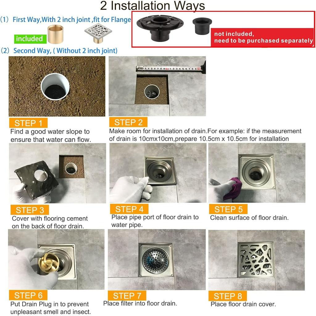 4 Inch Brass Square Shower Floor Drain with Tile Insert Grate Removable Cover Hair Catcher Strainer,Anti Clogging and Odor,Nickel