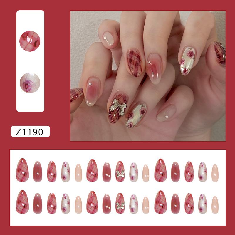 Rose Smudged Bow, Sparkling Diamond Temperament, Versatile Removable Wearable Nails, 30 Pieces