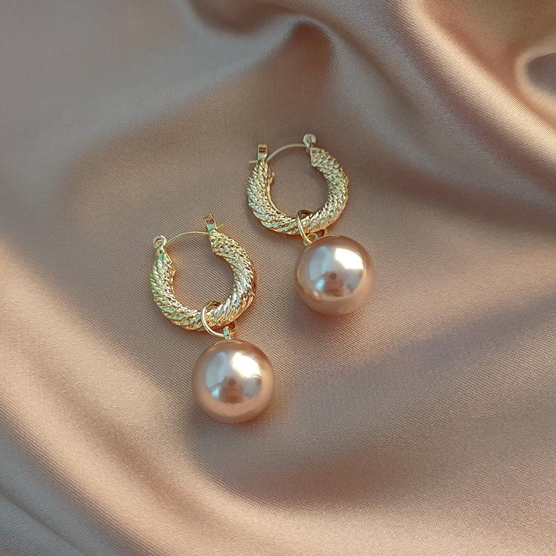 French Champagne Pearl Earrings - Retro Hong Kong Style, Trendy and Luxurious Earrings for Women.