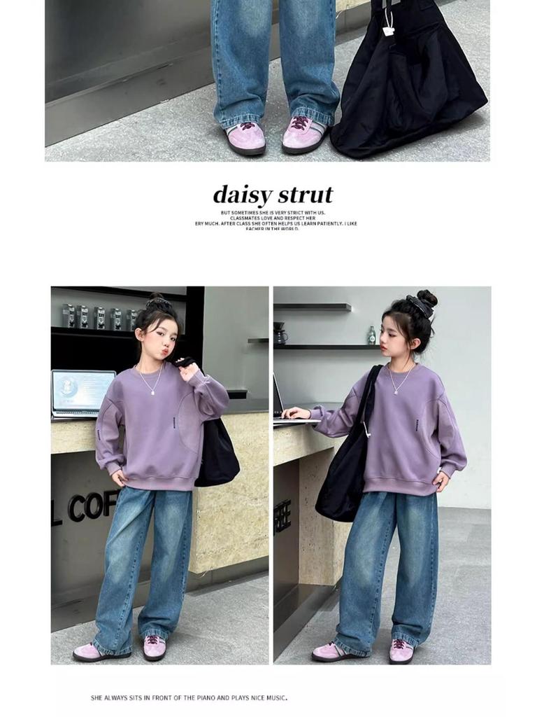 Dívčí módní volná mikina s kulatým výstřihem a dlouhým rukávem - Kolekce Podzim/Jaro 2025