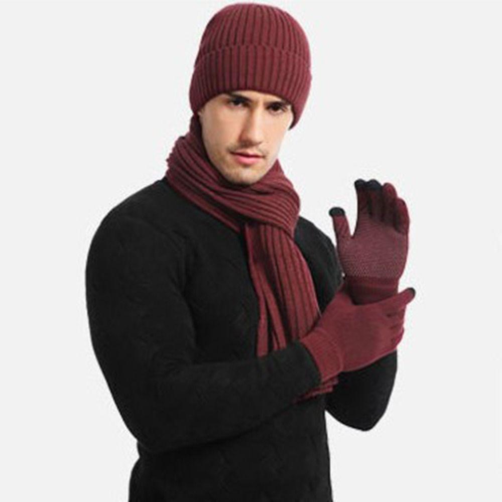 Solid Color Knitted Cap Soft Touchscreen Gloves Christmas Hat Scarf Gloves Set for 3Pcs/Set Men
