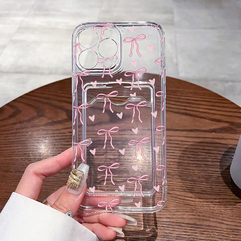 Transparent Card Slot Bag Holder Wallet Case For iPhone 16 15 14 Pro Max 13 12 11 XS X XR 7 8 Plus SE 2022 With Bow Print Cover