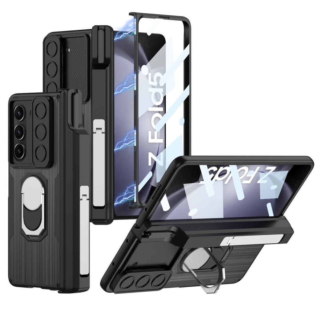 Samsung Z Fold 5 Magnetic Leather Armor Case with Push-Window Lens & Pen Holder