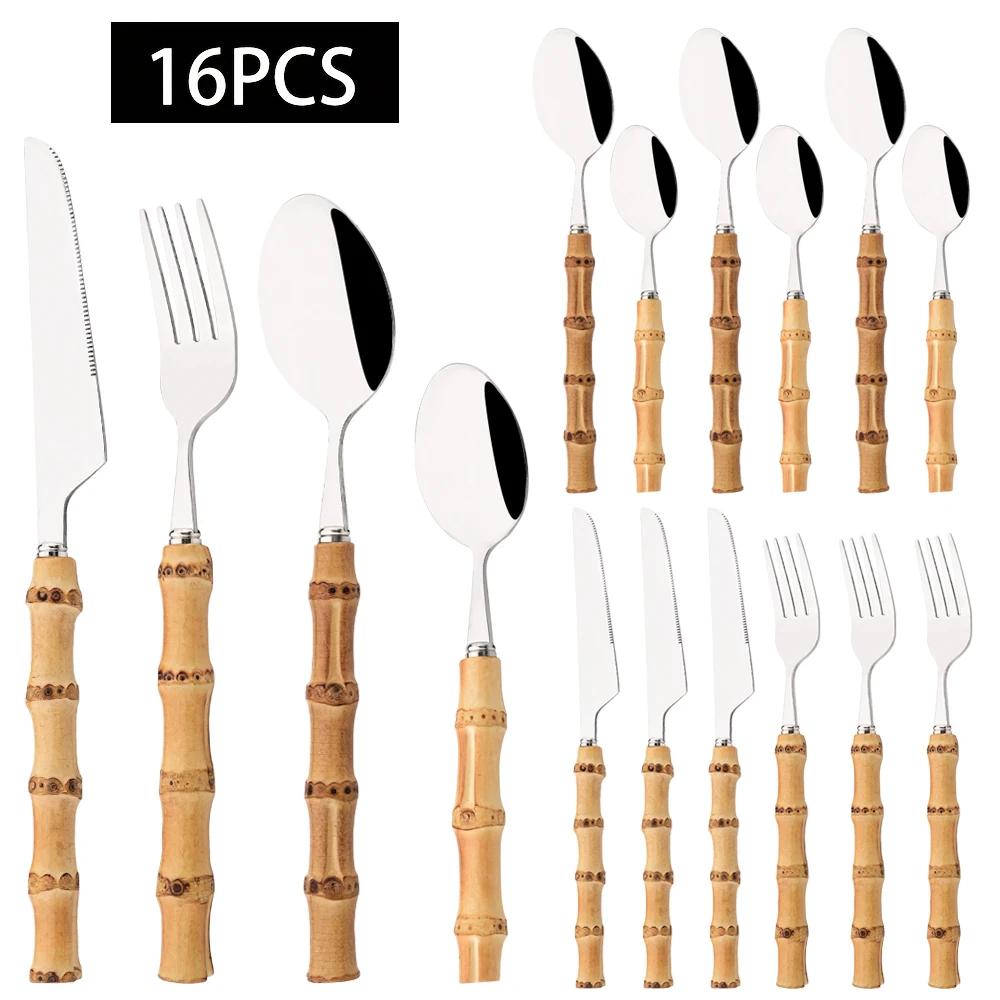 

Набор столовых приборов серебристый 16 шт. кухонные столовые приборы из нержавеющей стали столовые приборы с бамбуковой ручкой обеденный нож вилка ложка набор посуды