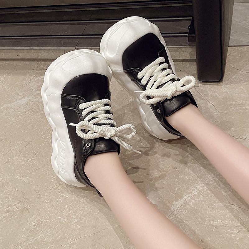 Fashion Cute Round Head Platform Sneakers Women Real Leather Lace-up Comfort 8CM THick Botton Sports Shoes Zapatillas De Mujer