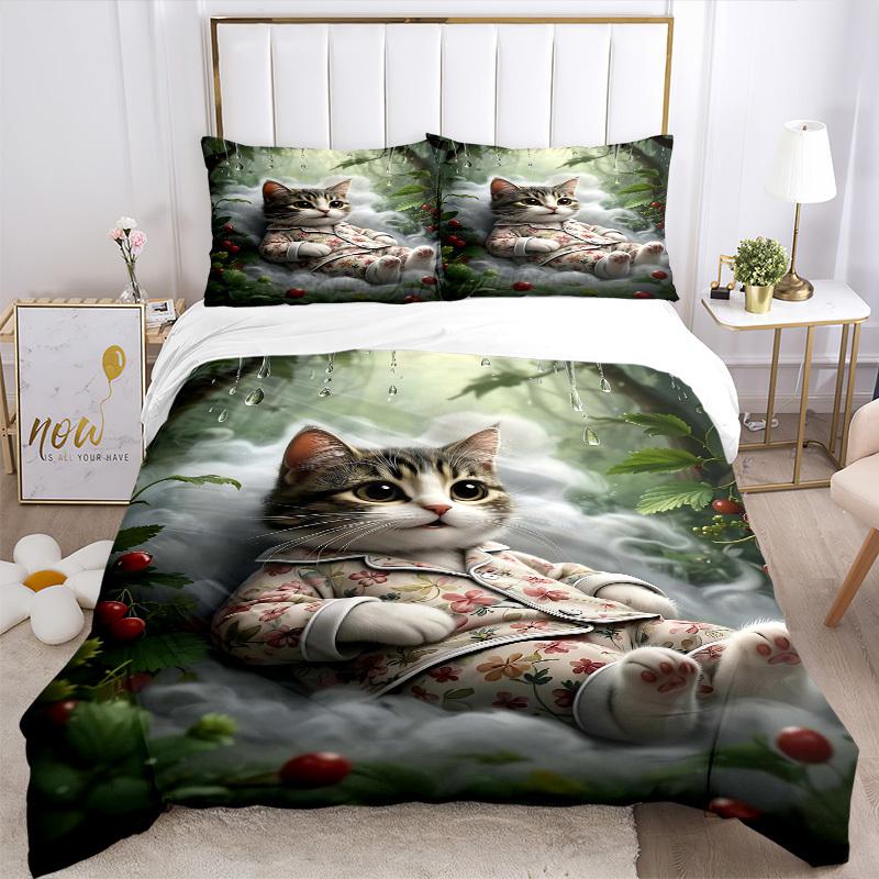 3pcs Anime Cat Floral Print Bedding Set - Includes One Quilt Cover and Two Pillowcases (No Core) - Perfect for Bedroom and Guest Room Decora