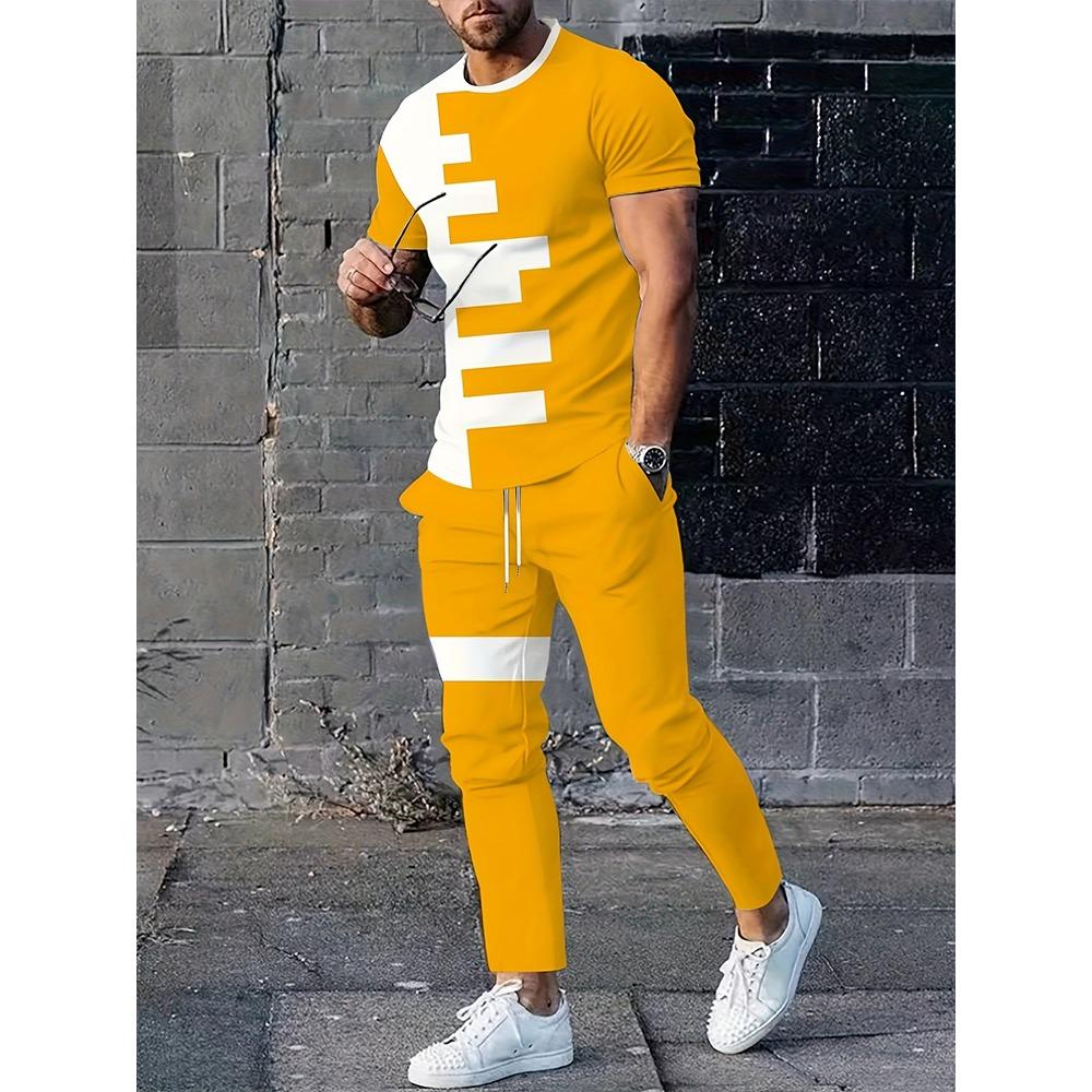 Simple Striped Printed Men s Casual Long Pants Set, Outdoor Street Fashion Trendy Men s Top And Casual Long Pants S