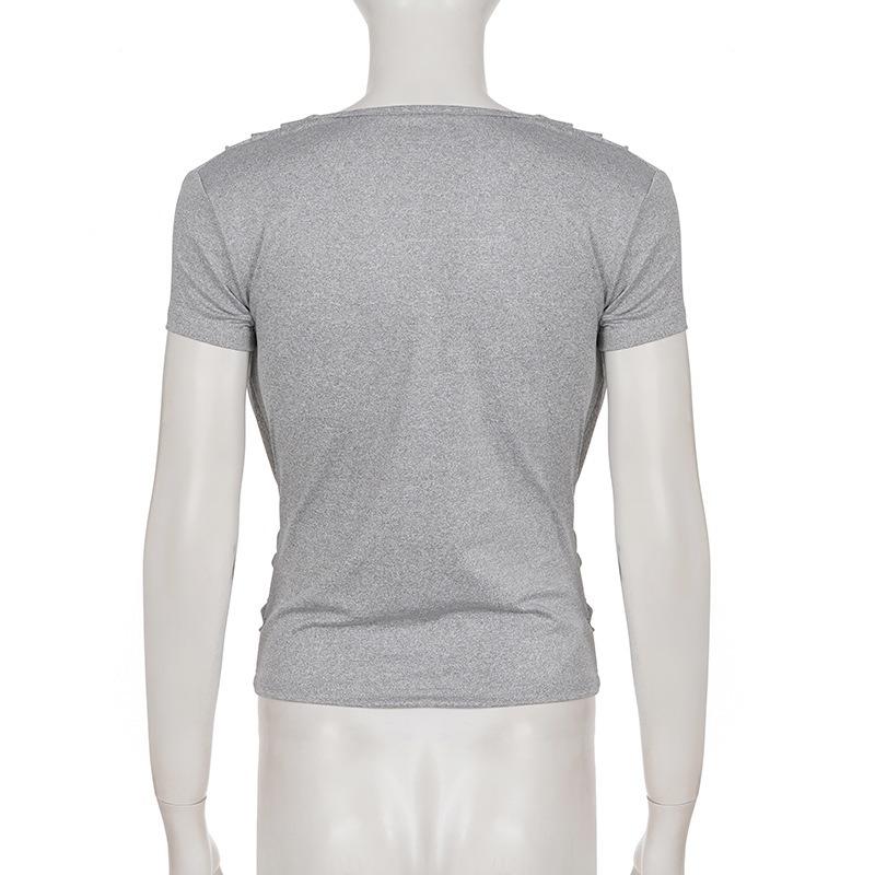 Sexy Deep V Neck Pleated Solid Short Sleeve T Shirt For Women