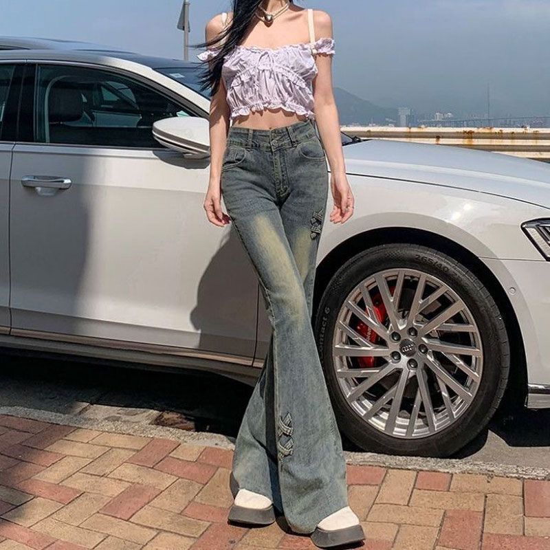 Design Sense Slightly Flared Jeans Women Double Buckle High Waisted Yard Stretch Slim Horseshoe Flare Trousers Tide Jeans for Women Long Denim Pants