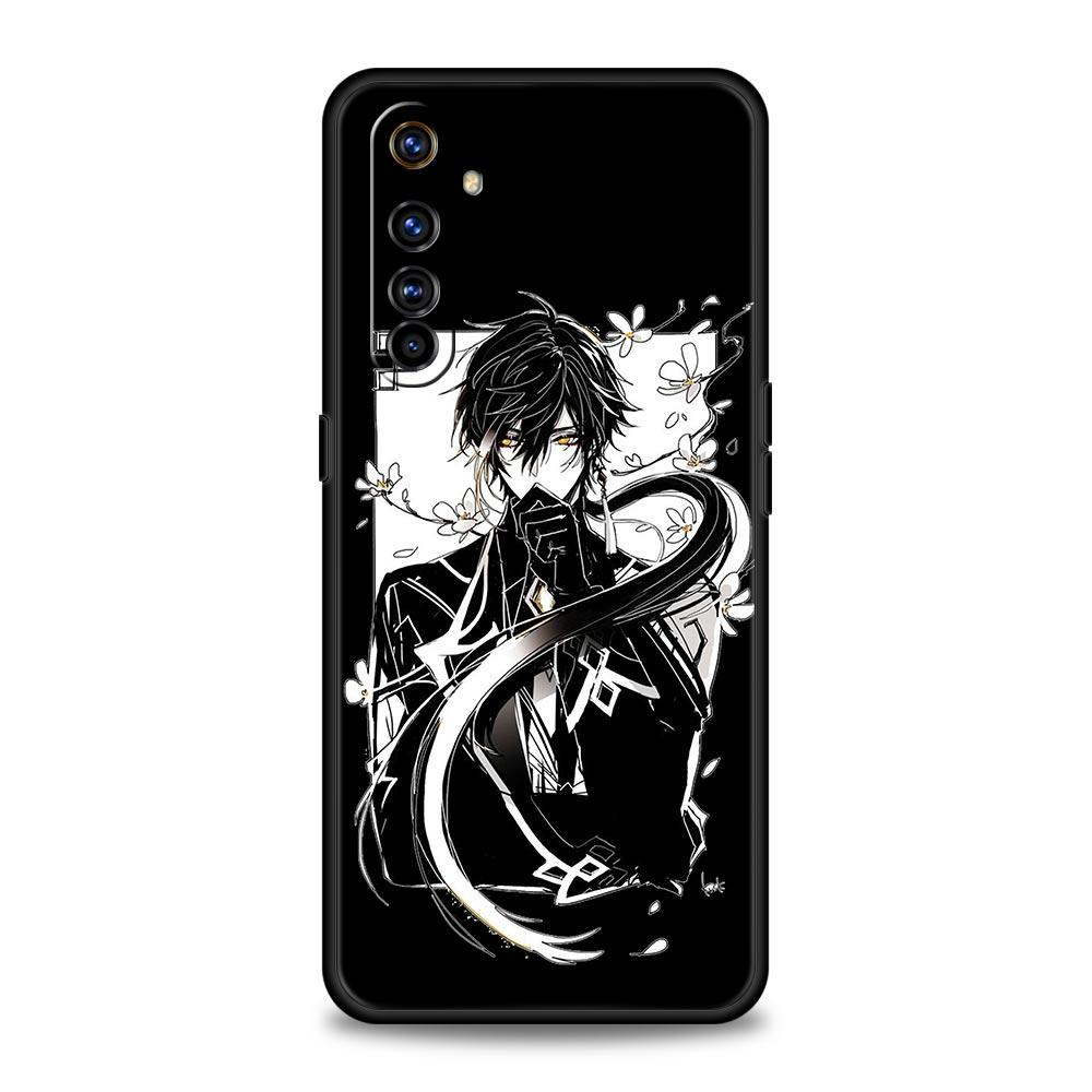 Genshin Impact Black and White For Realme 9i Luxury Phone Case 9 8 5G GT2 7 6 Pro Plus 8i C21 C3 C11 C25 Black Silicone Cover