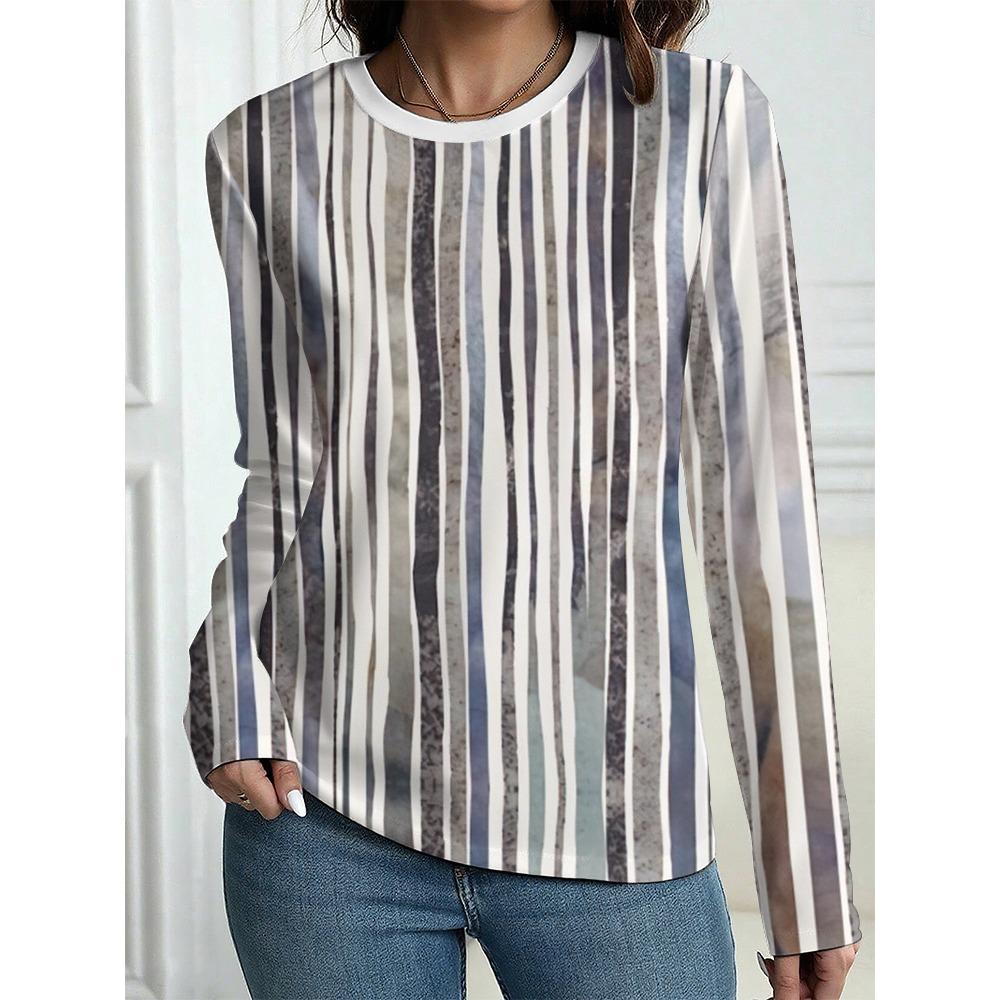 Women's T-Shirt Casual Long Sleeve Stripe Pattern Print Crew Neck Female Oversized Clothing Outdoor Vintage T Shirts
