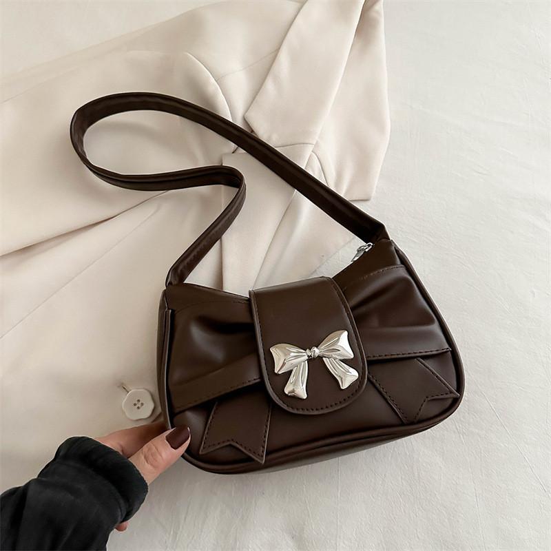 Stylish Modern Bowknot Chain Mini Shoulder Handbag For Women In Black White Pink Khaki Silver Brown