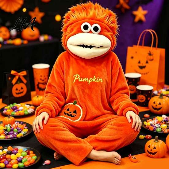 Cartoon Creature Costume Big Mouth Onesie Pajamas, Halloween Pumpkin Fleece Loose Fit Pajamas Hooded Unisex One Piece Sleepwear Loungewear