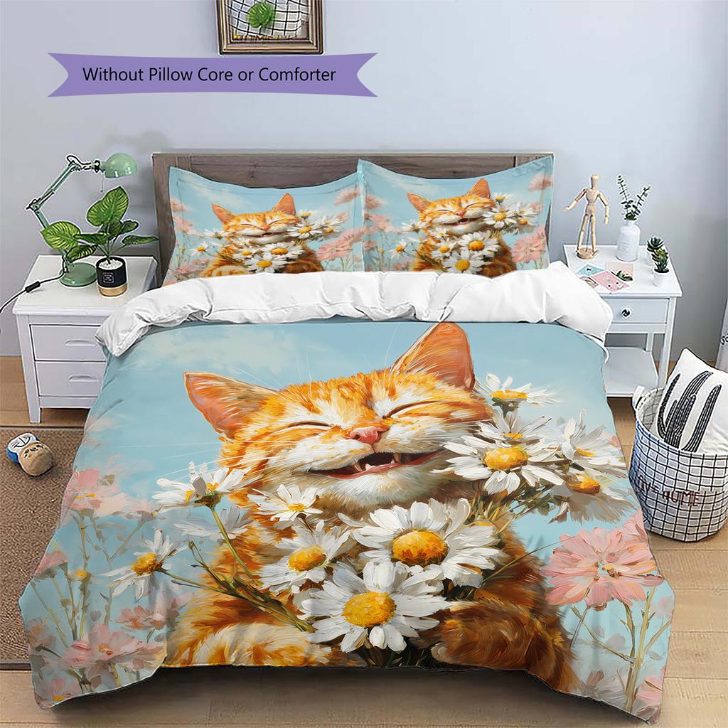 Cat Holding Flowers Pattern Bedding Quilt Set Home Decoration Gift (1 * Duvet Cover + 2 * Pillowcase, Without Core)