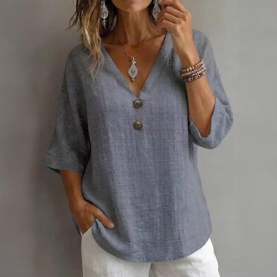 Women Tops Loose Fit V Neck 3/4 Sleeves Pullover Tops Button Decor Pure Color Summer Casual T-shirt Daily Wear