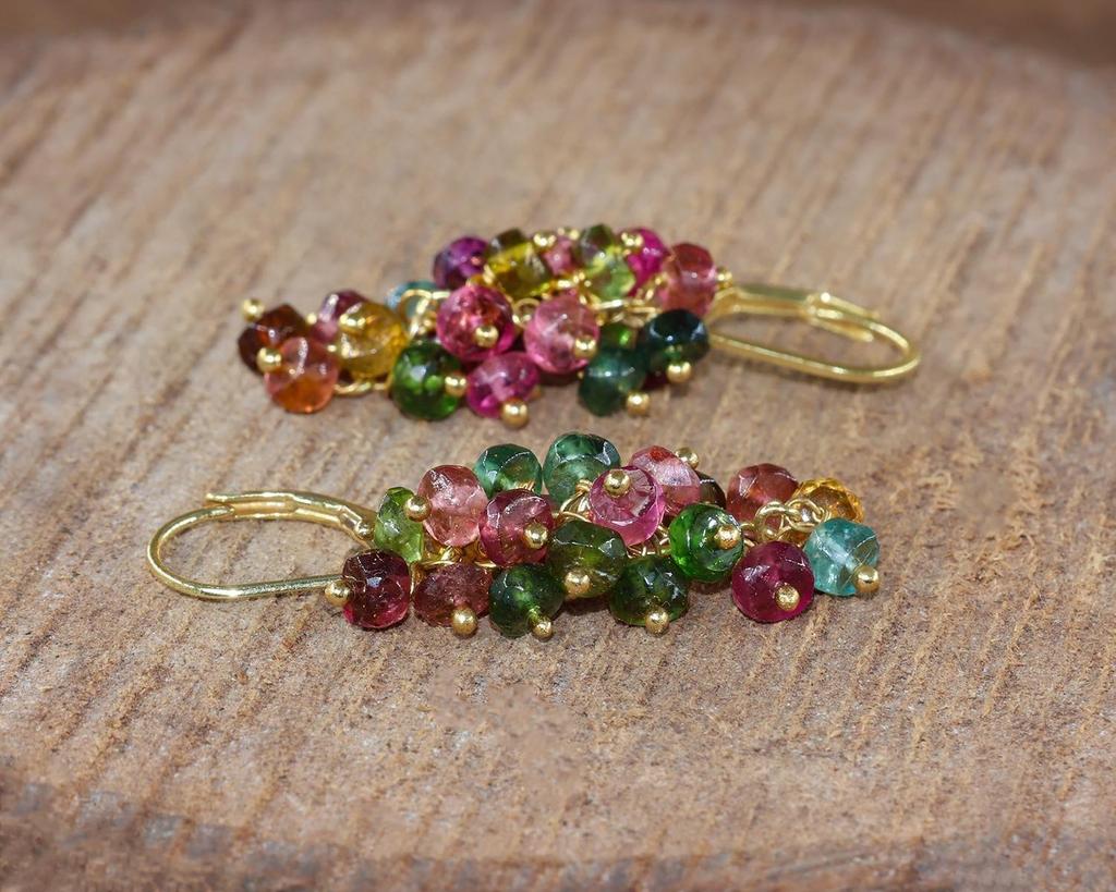 Multi Tourmaline Beads Cluster Earring, Natural Tourmaline Beads Gold Earring, Birthstone Jewelry, Handmade Earrings, Gift for Her
