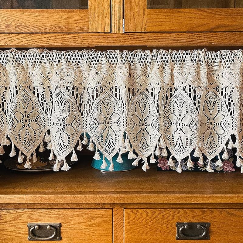 Ретро Crochet Шторная занавеска для кухонного окна Бохо Шторные панели для декора кофейни Продеваемая штанга Короткие шторы в стиле кантри для разделителя комнаты 1 шт. 35 W x 15 L (Pack of 1) бежевый