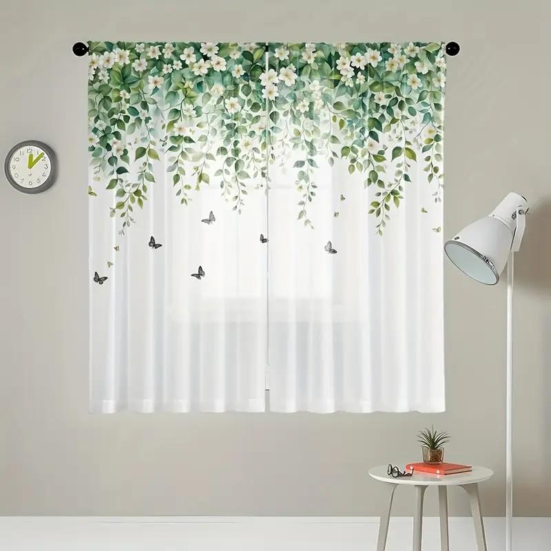 2pcs Forest White Flower Curtains: Suitable for Living Rooms/daily Use   Fresh Breeze   Pole Type Translucent Gauze Curtains