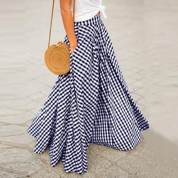 S-5XL mode femmes taille haute plissée Maxi jupes poches Plaid longue robe