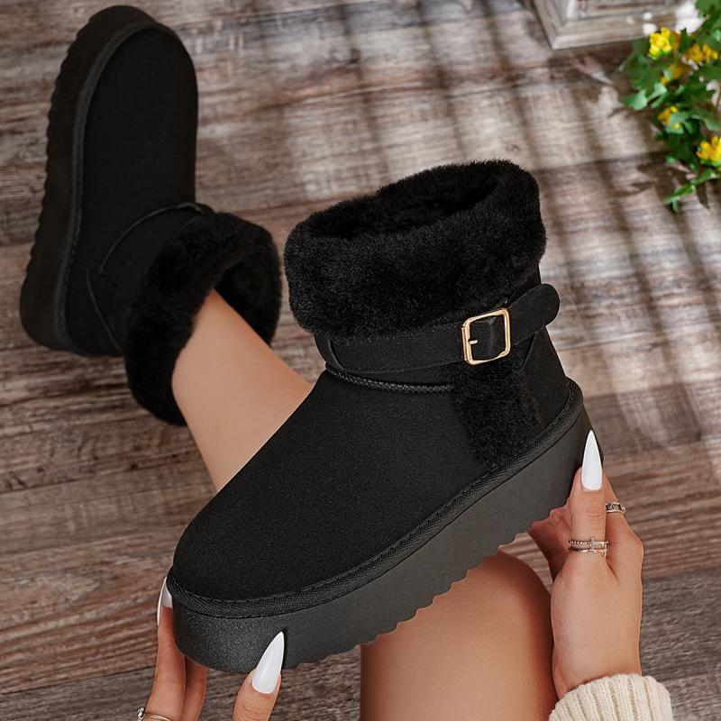 Soft Non Slip Thick Bottom Furry Snow Boots Women 2025 Winter Warm Fluffy Fur Ankle Boots with Platform Metal Buckle Plush Shoes