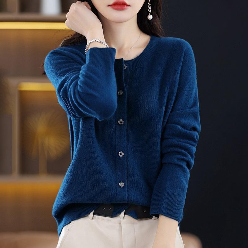 Long Sleeve Merino Woolen Sweaters Cashmere Cardigan Spring Autumn Women O-Neck Knitwear Tops Clothing Fashion Basic Tops
