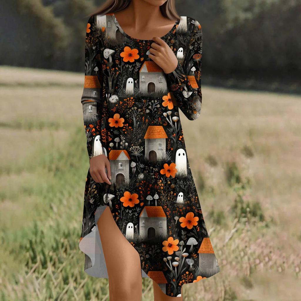 Long  Sleeve Dress For Women Casual Loose Fit Print Dress With Pockets