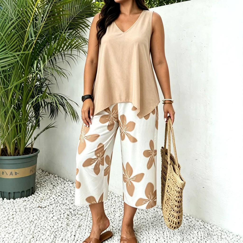 European and American cross-border TK Amazon Temu hot sale 2026 summer sleeveless V-neck top wide-leg cropped pants two-piece set