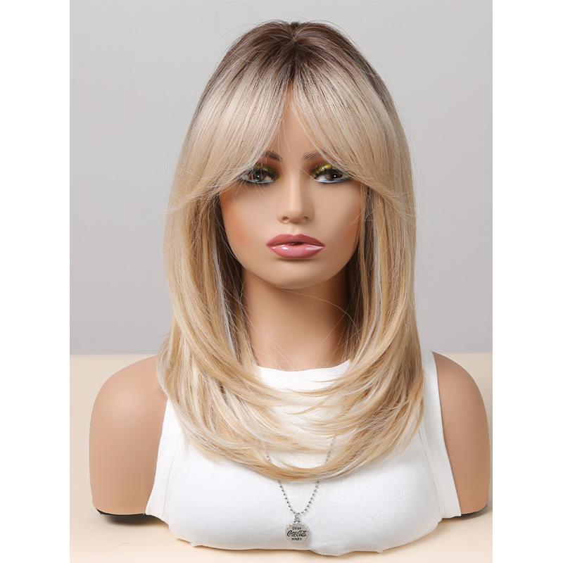 Długie czarne warstwowe peruki syntetyczne z grzywką Karmelowo-brązowa peruka z prostymi włosami Blond podkreśla Włókno termoodporne Kostium do użytku codziennego