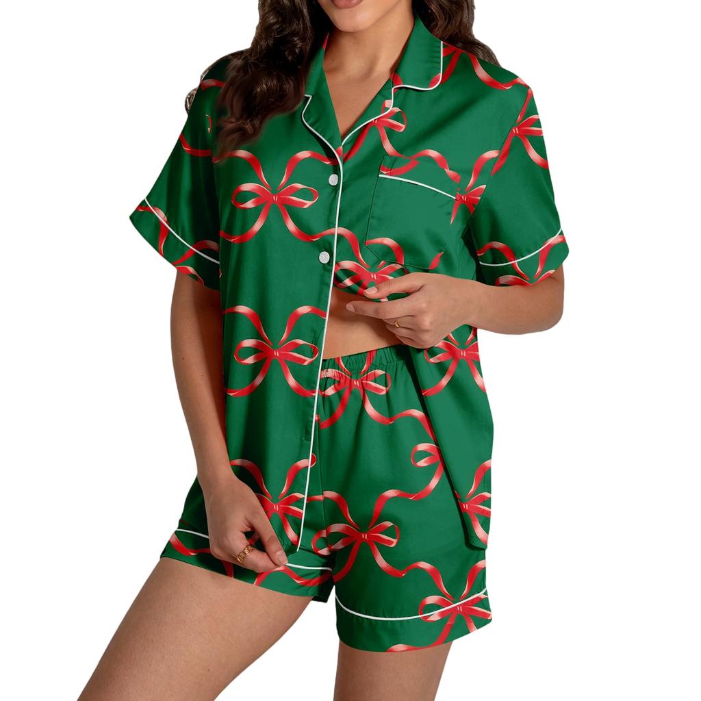 Women's Christmas Pajama Set with Short Sleeve Button Down Shirt and Pajama Shorts