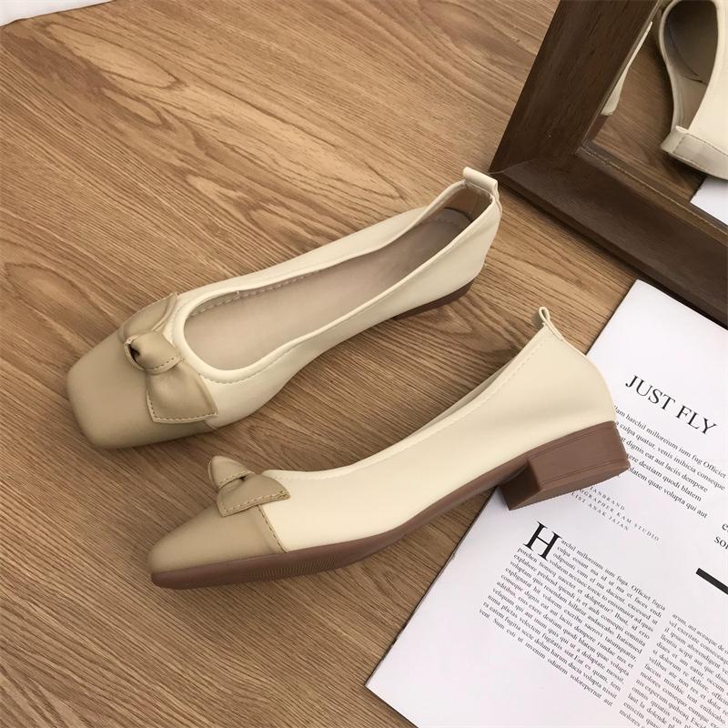 Mode Frauen Ballerinas Schuhe Zweifarbige Splice Bow Runde Flats Schuhe Mode Niedrigen Absatz Flach Weibliche Damen Quadratische Ferse Einzelne Schuhe