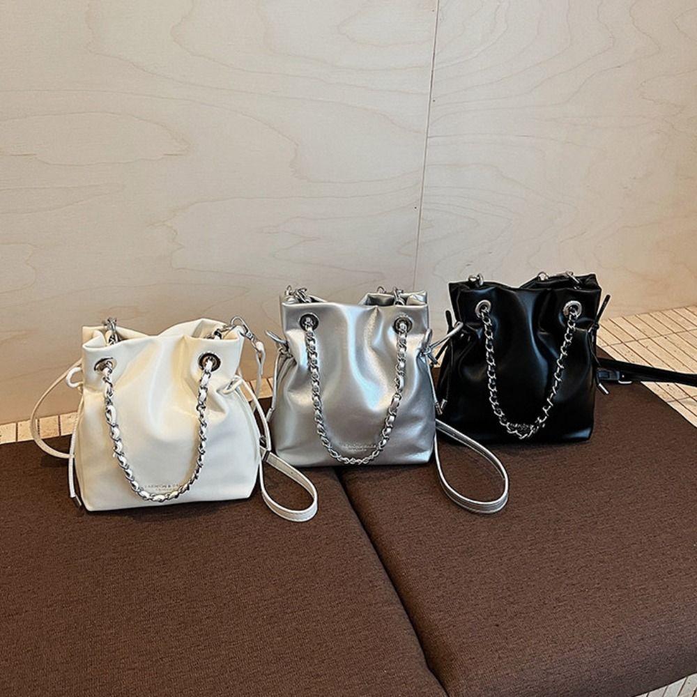 Crossbody Bag Chains Handle Bucket Bags Purse Drawstring Bucket Bag Casual PU Crossbody Bag Women