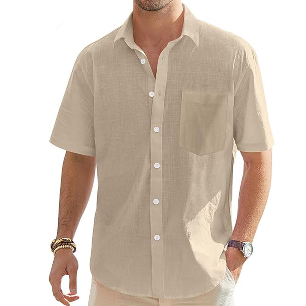Men Simple Solid Color Lapel Short Sleeve Casual Shirt With Pocket