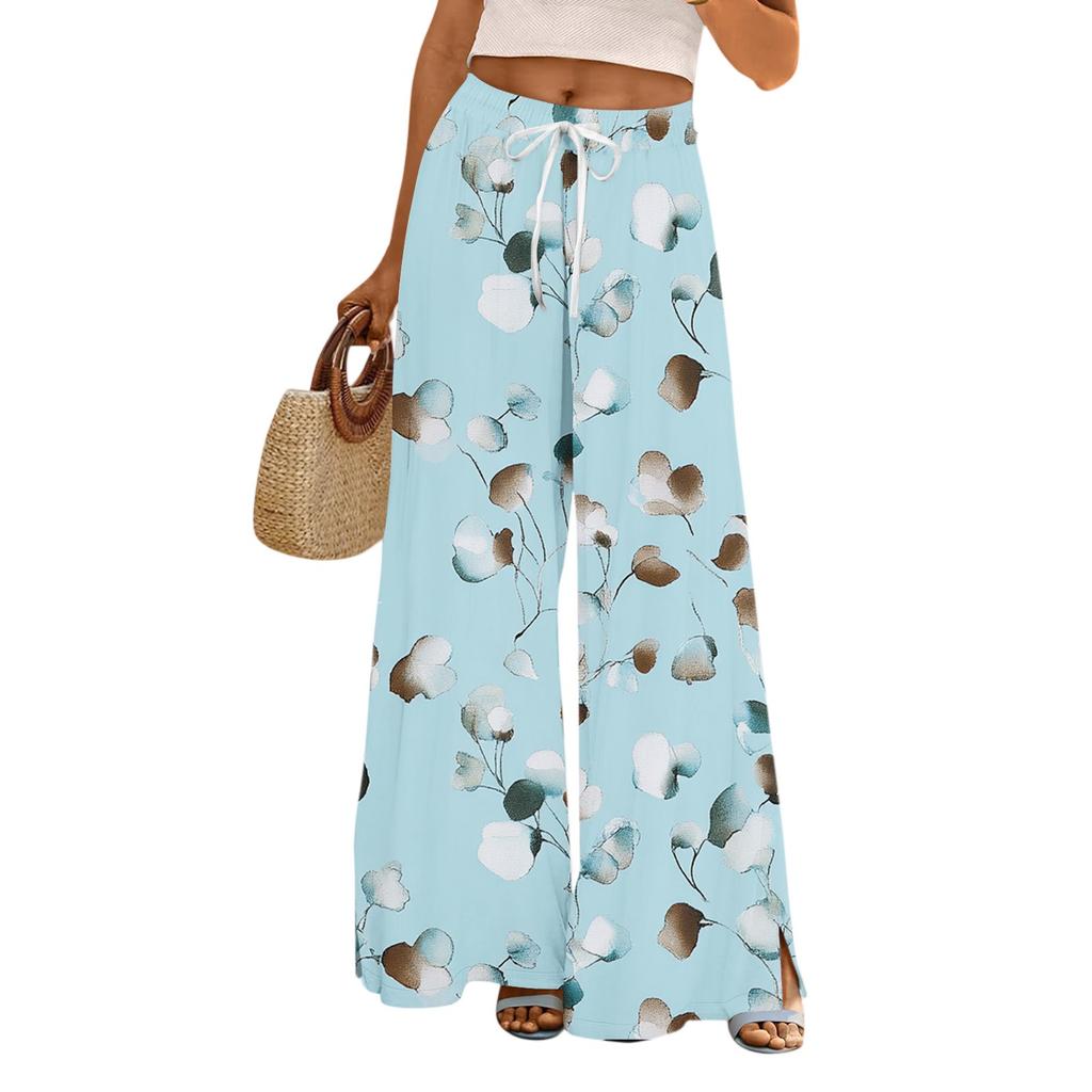 Women's Casual Wide Leg Pants Stretch Belt Pocket Floral Print Adjustable Tie Pants