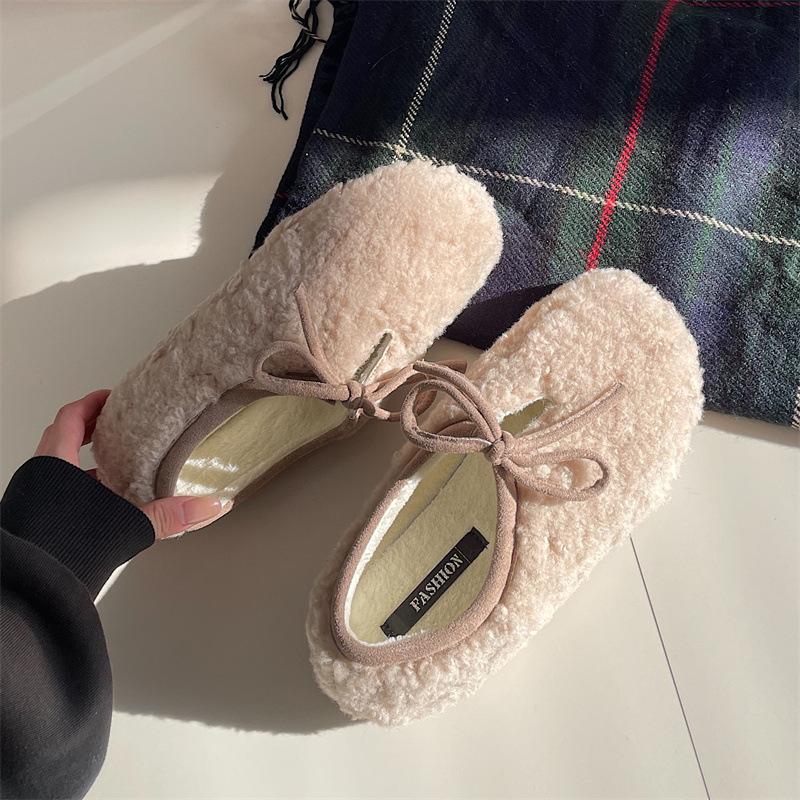 Värmande plyschskor för kvinnor, vinter, förtjockade, lätta, bekväma, bomullsskor, mode, rosettknut, halkfri, mjuk sula, Mary Jane-skor