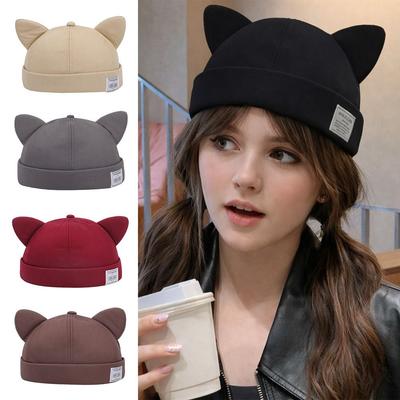 Unisex Cotton Cat Ears Landlord Hat Solid Color Brimless Melon Skin Hat Hip Hop Adjustable Docker Cap Outdoor